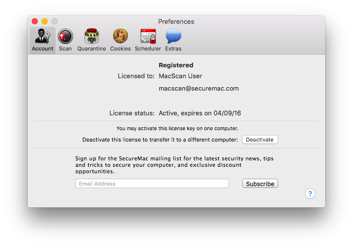 MacScan Preferences: Account