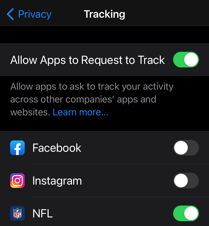 image of iOS 14.5 opt in / opt out of app tracking toggle control