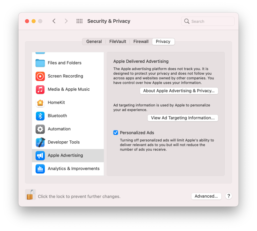 There are macOS privacy settings that let you opt out of Apple's Personalized Ads