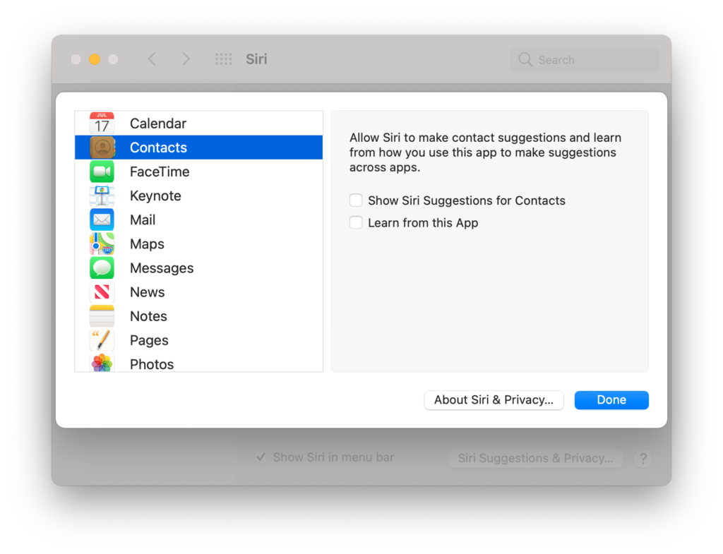 macOS privacy settings let you deny Siri access to individual apps