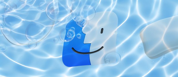 macOS finder icon under water, being washed with soap