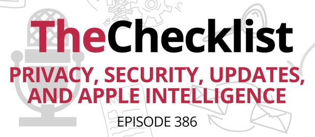 Checklist 386 image header. 'Privacy, Security, Updates, and Apple Intelligence' written in red text over white background
