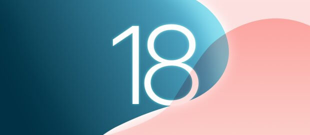 iOS 18 in front of blue and pink background